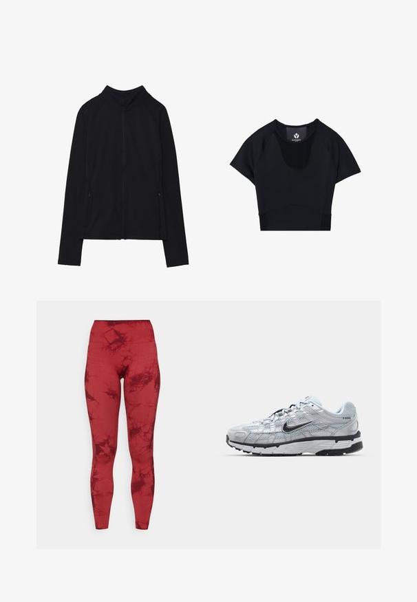 Fekete, cipzáros dzseki magas gallérral, puha anyagból készült. Raglán ujjakkal és két cipzáras oldalzsebbel rendelkezik. Simább textúra.; Fekete sportos crop top rövid ujjal, kerek nyakkal, textúrált panel részletezéssel és testhezálló kialakítással a karcsú megjelenésért.; ONLY Play ONPTIE SEAM - Leggingek - sun dried tomato; Nike P-6000 sportcipő, világosszürke hálós felsőrésszel, fekete részletekkel és tartós fekete gumitalppal. Bonyolult dizájnnal és fűzőrendszerrel rendelkezik.
