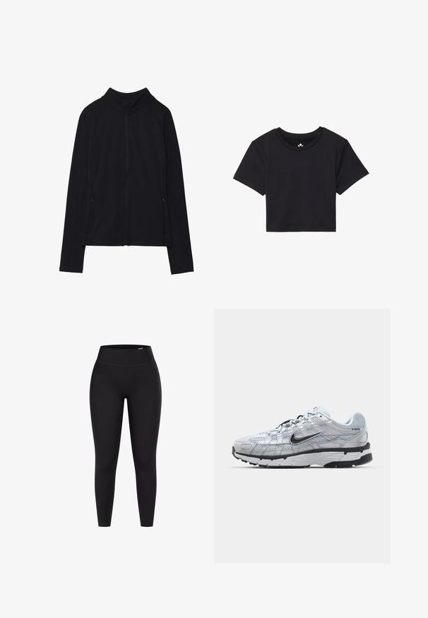 Sort zip-up jakke med høj krave, lavet af blødt stof. Den har raglanærmer og to lynlåslommer på siden. Glat tekstur.; Sort cropped t-shirt med korte ærmer, rund halsudskæring, lavet af glat stof. Minimalistisk design uden synlige mønstre eller accenter.; Sorte højtaljede leggings lavet af strækbart materiale, med en glat overflade og tætsiddende design uden synlig hardware eller mønstre.; Nike P-6000 sneakers med en lys grå mesh overdel, sorte accenter og en holdbar sort gummisål. Har et detaljeret design og snøresystem.