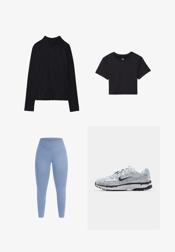 Svart zip-up jacka med hög krage, tillverkad av mjukt tyg. Har raglanärmar och två dragkedjefickor på sidan. Slät textur.; Svart kortärmad t-shirt med rund halsringning, tillverkad av mjukt material. Minimalistisk design utan synliga mönster eller detaljer.; Ljusblå leggings med hög, korsad midja. Slät textur, figurnära design och hel låddekning utan mönster eller utsmyckningar.; Nike P-6000 sneakers med en ljusgrå nätövre, svarta accenter och en hållbar sula i svart gummi. Har en intrikat design och snörningssystem.