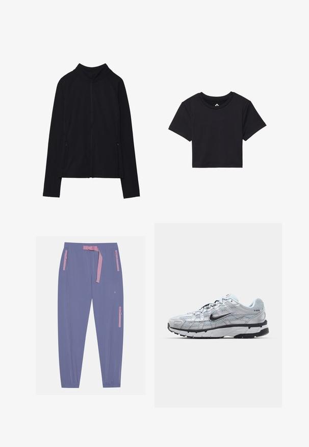 Črna zip-up jakna z visokim ovratnikom, narejena iz mehkega materiala. Ima raglan rokave in dve žepni zadrgi na straneh. Gladka tekstura.; Črna kratka majica s kratkimi rokavi, okroglim izrezom, izdelana iz gladkega blaga. Minimalističen dizajn brez vidnih vzorcev ali dodatkov.; Even&Odd active Hlače za na prostem - blue/grey; Nike P-6000 športni copati z lahkim sivim mrežastim zgornjim delom, črnimi dodatki in trdim črnim gumijastim podplatom. Imajo zapleten dizajn in sistem vezalk.