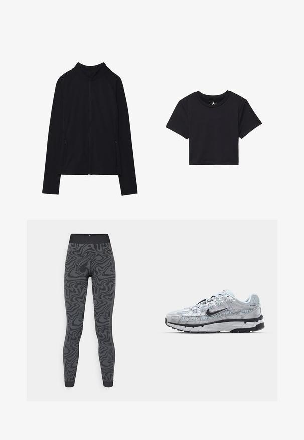 Musta vetoketjullinen takki korkealla kauluksella, valmistettu pehmeästä kankaasta. Varustettu raglan-hihoilla ja kahdella vetoketjullisella sivutaskulla. Sileä pinta.; Musta lyhythihainen croppitoppi, jossa on pyöreä kaula-aukko ja sileä kangas. Minimalistinen muotoilu, ilman näkyviä kuvioita tai koristuksia.; Legginsejä, jotka on valmistettu joustavasta kankaasta tummanharmaana, jossa on rakenne ja pyörteilevä musta kuvio; istuva malli leveällä vyötärönauhalla ja huolitelluilla hihoilla.; Nike P-6000 tennarit, joissa on vaaleanharmaa verkkomateriaali, mustia yksityiskohtia ja kestävä musta kumipohja. Ominaisuuksia ovat monimutkainen muotoilu ja nauhoitusjärjestelmä.