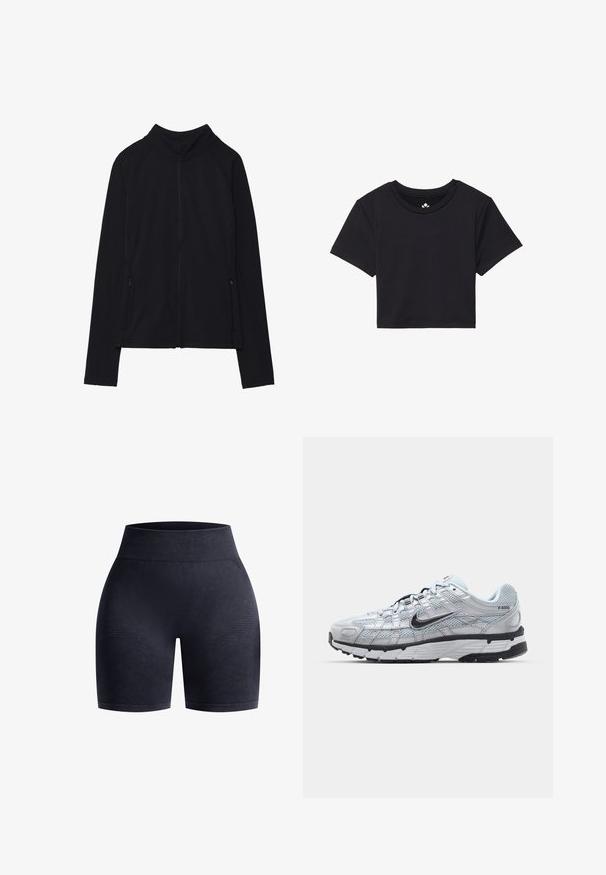 Zwarte zip-up jas met een hoge kraag, gemaakt van zacht materiaal. Voorzien van raglanmouwen en twee ritssluitingen aan de zijkant. Glad textuur.; Zwarte cropped t-shirt met korte mouwen, ronde halslijn, gemaakt van gladde stof. Minimalistisch ontwerp zonder zichtbare patronen of accenten.; Zwart hoge taille shorts gemaakt van gestructureerde stof met subtiele patroonaccenten, ontworpen voor comfort en flexibiliteit.; Nike P-6000 sneakers met een lichtgrijze mesh bovenkant, zwarte accenten en een duurzame zwarte rubberen zool. Kenmerkt zich door een ingewikkeld ontwerp en vetersysteem.