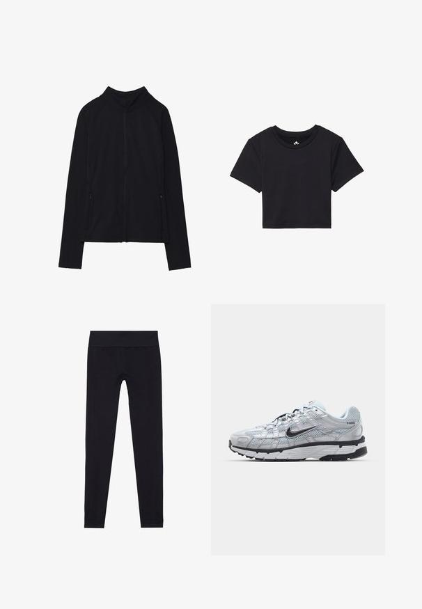 Chaqueta negra con cremallera y cuello alto, hecha de un tejido suave. Presenta mangas raglán y dos bolsillos laterales con cremallera. Textura suave.; Camiseta corta negra con mangas cortas, escote redondo, hecha de una tela suave. Diseño minimalista sin patrones o acentos visibles.; Leggings negras con una ancha cinturilla elástica, fabricadas en un tejido elástico, que presentan una textura suave y un diseño ajustado. Sin patrones.; Zapatillas Nike P-6000 con parte superior de malla gris claro, acentos negros y suela de goma negra duradera. Presentan un diseño intrincado y un sistema de cordones.
