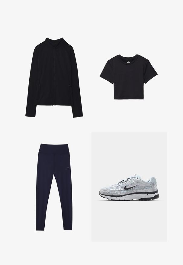 Zwarte zip-up jas met een hoge kraag, gemaakt van zacht materiaal. Voorzien van raglanmouwen en twee ritssluitingen aan de zijkant. Glad textuur.; Zwarte cropped t-shirt met korte mouwen, ronde halslijn, gemaakt van gladde stof. Minimalistisch ontwerp zonder zichtbare patronen of accenten.; Marineblauwe leggings met een hoge taille, gemaakt van rekbaar materiaal, met subtiele stiksels en een klein logo aan de onderlinkerkant.; Nike P-6000 sneakers met een lichtgrijze mesh bovenkant, zwarte accenten en een duurzame zwarte rubberen zool. Kenmerkt zich door een ingewikkeld ontwerp en vetersysteem.