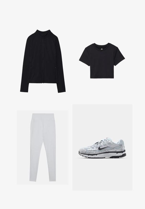 Černá bundě na zip s vysokým límcem, vyrobená z měkké látky. Má raglánové rukávy a dvě boční kapsy na zip. Hladká textura.; Černé zkrácené tričko s krátkými rukávy, kulatým výstřihem, vyrobené z hladkého materiálu. Minimalistický design bez viditelných vzorů nebo akcentů.; Bílé legíny vyrobené z pružného materiálu, s vysokým pasem, hladkým povrchem a bez viditelných švů či ozdob.; Tenisky Nike P-6000 s lehkou šedou síťovinou, černými akcenty a odolnou černou gumovou podrážkou. Vyznačují se složitým designem a systémem šněrování.