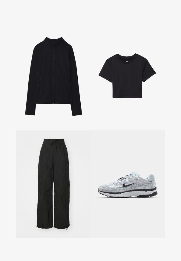 Black zip-up jacket with a high collar, made of soft fabric. Features raglan sleeves and two zippered side pockets. Smooth texture.; Black cropped t-shirt with short sleeves, round neckline, made of smooth fabric. Minimalist design with no visible patterns or accents.; Black, wide-leg pants made from lightweight, textured fabric. Features an elastic waistband, drawstring detail, and zippered ankle openings.; Nike P-6000 sneakers with a light grey mesh upper, black accents, and a durable black rubber sole. Features intricate design and lacing system.