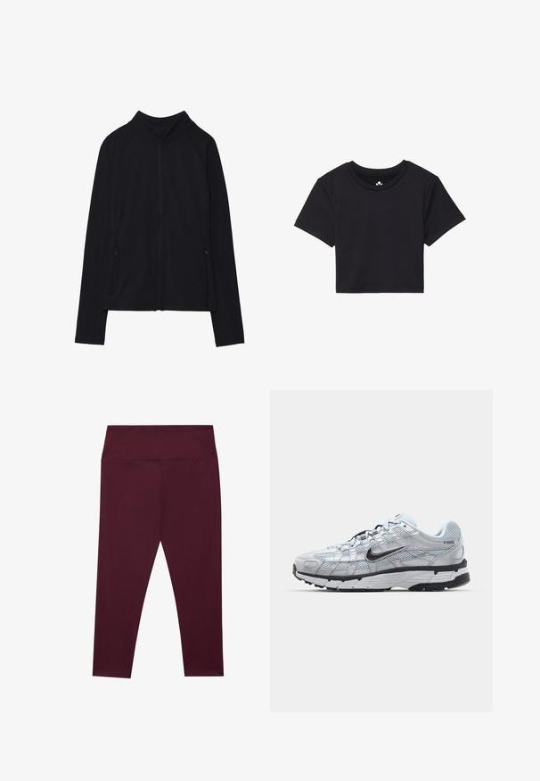 Chaqueta negra con cremallera y cuello alto, hecha de un tejido suave. Presenta mangas raglán y dos bolsillos laterales con cremallera. Textura suave.; Camiseta corta negra con mangas cortas, escote redondo, hecha de una tela suave. Diseño minimalista sin patrones o acentos visibles.; Leggings burdeos con una cintura alta, fabricados con una tela suave y elástica. Presentan un diseño sin costuras y sin bolsillos externos.; Zapatillas Nike P-6000 con parte superior de malla gris claro, acentos negros y suela de goma negra duradera. Presentan un diseño intrincado y un sistema de cordones.