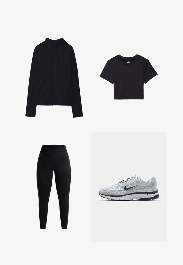 Zwarte zip-up jas met een hoge kraag, gemaakt van zacht materiaal. Voorzien van raglanmouwen en twee ritssluitingen aan de zijkant. Glad textuur.; Zwarte cropped t-shirt met korte mouwen, ronde halslijn, gemaakt van gladde stof. Minimalistisch ontwerp zonder zichtbare patronen of accenten.; Zwarte leggings met een hoge, gekruiste tailleband. Gemaakt van een gladde, rekbare stof, ontworpen voor een comfortabele pasvorm en bewegingsvrijheid.; Nike P-6000 sneakers met een lichtgrijze mesh bovenkant, zwarte accenten en een duurzame zwarte rubberen zool. Kenmerkt zich door een ingewikkeld ontwerp en vetersysteem.