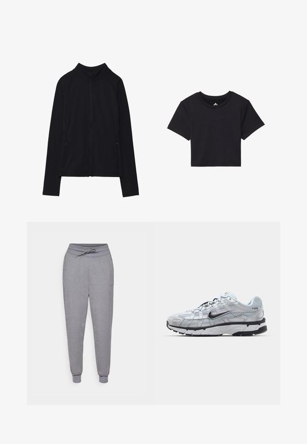 Črna zip-up jakna z visokim ovratnikom, narejena iz mehkega materiala. Ima raglan rokave in dve žepni zadrgi na straneh. Gladka tekstura.; Črna kratka majica s kratkimi rokavi, okroglim izrezom, izdelana iz gladkega blaga. Minimalističen dizajn brez vidnih vzorcev ali dodatkov.; Sive tapered trenirke z vrvico v pasu, elastičnimi manšeti in diskretnim Nike logotipom na levem stegnu. Mehek, teksturiran material.; Nike P-6000 športni copati z lahkim sivim mrežastim zgornjim delom, črnimi dodatki in trdim črnim gumijastim podplatom. Imajo zapleten dizajn in sistem vezalk.