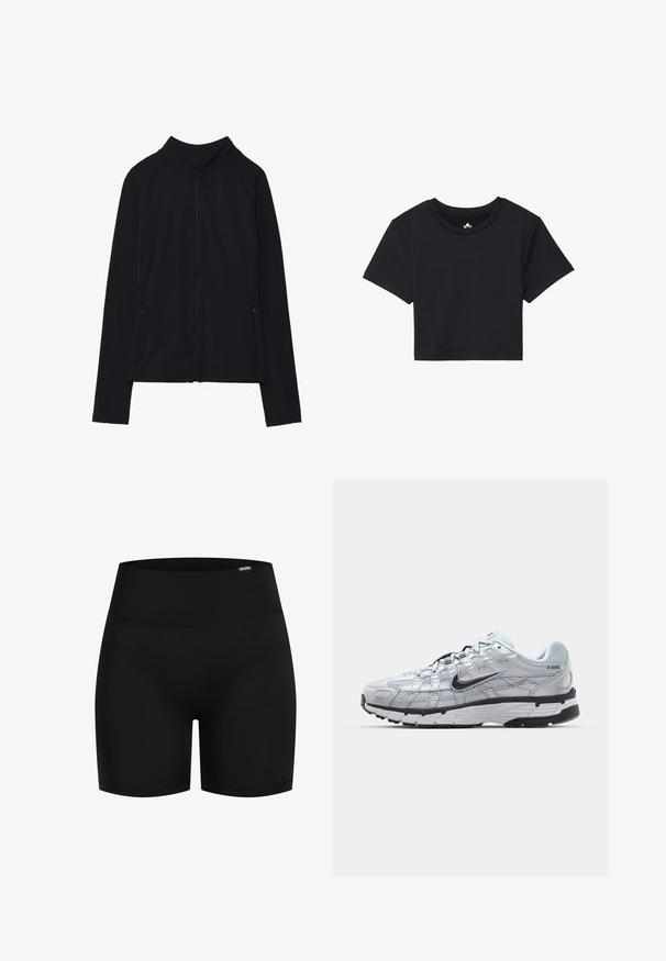 Black zip-up jacket with a high collar, made of soft fabric. Features raglan sleeves and two zippered side pockets. Smooth texture.; Black cropped t-shirt with short sleeves, round neckline, made of smooth fabric. Minimalist design with no visible patterns or accents.; Black athletic shorts with a smooth, stretchy fabric; high waistband; no visible patterns or hardware; knee-length cut.; Nike P-6000 sneakers with a light grey mesh upper, black accents, and a durable black rubber sole. Features intricate design and lacing system.