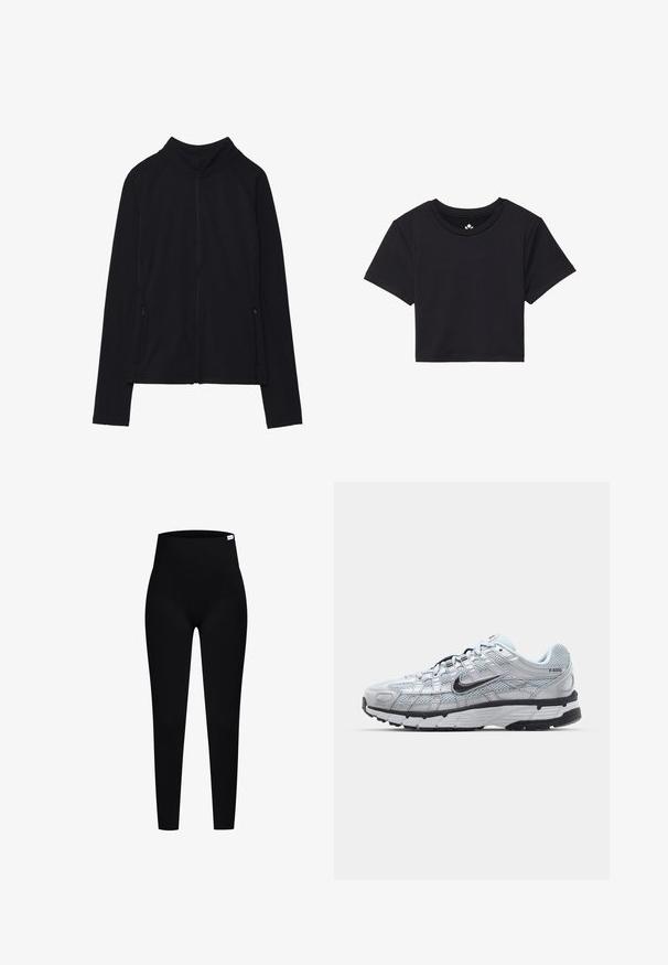 Giacca nera con zip e colletto alto, realizzata in tessuto morbido. Presenta maniche raglan e due tasche laterali con zip. Texture liscia.; T-shirt nera cropped con maniche corte, scollo rotondo, realizzata in tessuto liscio. Design minimalista senza motivi o accenti visibili.; Leggings neri a coste con una vita alta, caratterizzati da una texture liscia e un design aderente, adatti per l'attività fisica o per un look casual.; Sneakers Nike P-6000 con una toma superiore in mesh grigio chiaro, accenti neri e una resistente suola in gomma nera. Dotati di un design intricato e di un sistema di allacciatura.
