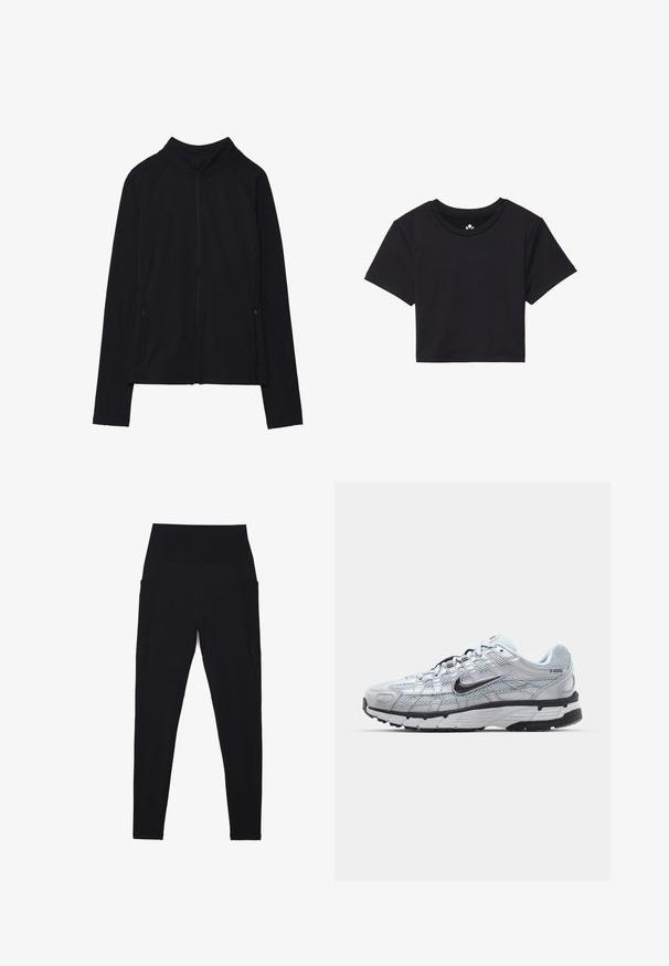 Giacca nera con zip e colletto alto, realizzata in tessuto morbido. Presenta maniche raglan e due tasche laterali con zip. Texture liscia.; T-shirt nera cropped con maniche corte, scollo rotondo, realizzata in tessuto liscio. Design minimalista senza motivi o accenti visibili.; Leggings neri realizzati in tessuto elasticizzato con una vita alta e a costine. Presentano tasche laterali e un design senza cuciture per un maggiore comfort.; Sneakers Nike P-6000 con una toma superiore in mesh grigio chiaro, accenti neri e una resistente suola in gomma nera. Dotati di un design intricato e di un sistema di allacciatura.