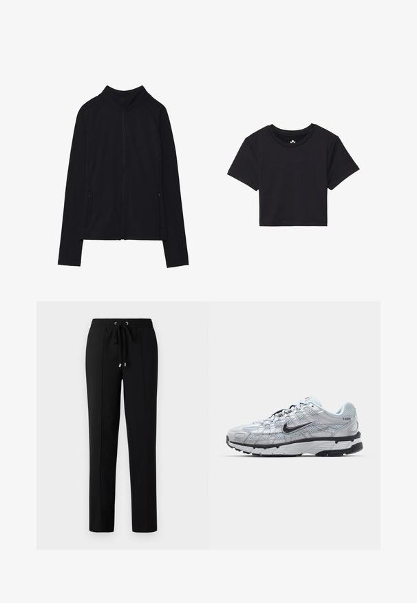 Jachetă neagră cu fermoar, cu guler înalt, fabricată dintr-un material moale. Prezintă mâneci raglan și două buzunare laterale cu fermoar. Textură netedă.; Tricou scurt negru cu mâneci scurte, decolteu rotund, realizat dintr-un material fin. Design minimalist, fără modele sau accente vizibile.; Pantaloni negri cu talie elastică, șnur de strângere și accente din hardware aurie. Țesătura are o textură netedă și un design cu picior drept.; Tenisii Nike P-6000 cu un upper din plasă gri deschis, accente negre și o talpă din cauciuc negru durabilă. Caracterizează un design complex și un sistem de șireturi sofisticat.