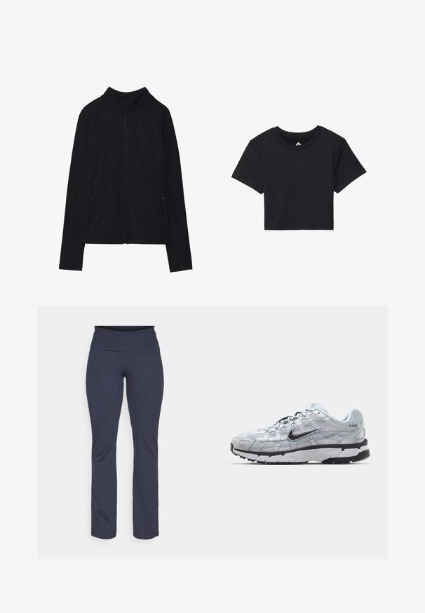 Black zip-up jacket with a high collar, made of soft fabric. Features raglan sleeves and two zippered side pockets. Smooth texture.; Black cropped t-shirt with short sleeves, round neckline, made of smooth fabric. Minimalist design with no visible patterns or accents.; Navy blue athletic pants with a wide waistband, straight leg design, smooth texture, and no visible patterns or hardware accents.; Nike P-6000 sneakers with a light grey mesh upper, black accents, and a durable black rubber sole. Features intricate design and lacing system.