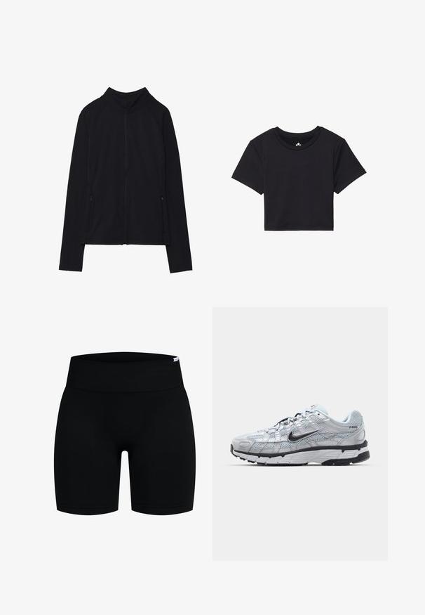 Sort zip-up jakke med høj krave, lavet af blødt stof. Den har raglanærmer og to lynlåslommer på siden. Glat tekstur.; Sort cropped t-shirt med korte ærmer, rund halsudskæring, lavet af glat stof. Minimalistisk design uden synlige mønstre eller accenter.; Sorte atletiske shorts med en bred, ribbet talje. Lavet af glat, strækbart stof med en tætsiddende silhuet og kort længde.; Nike P-6000 sneakers med en lys grå mesh overdel, sorte accenter og en holdbar sort gummisål. Har et detaljeret design og snøresystem.