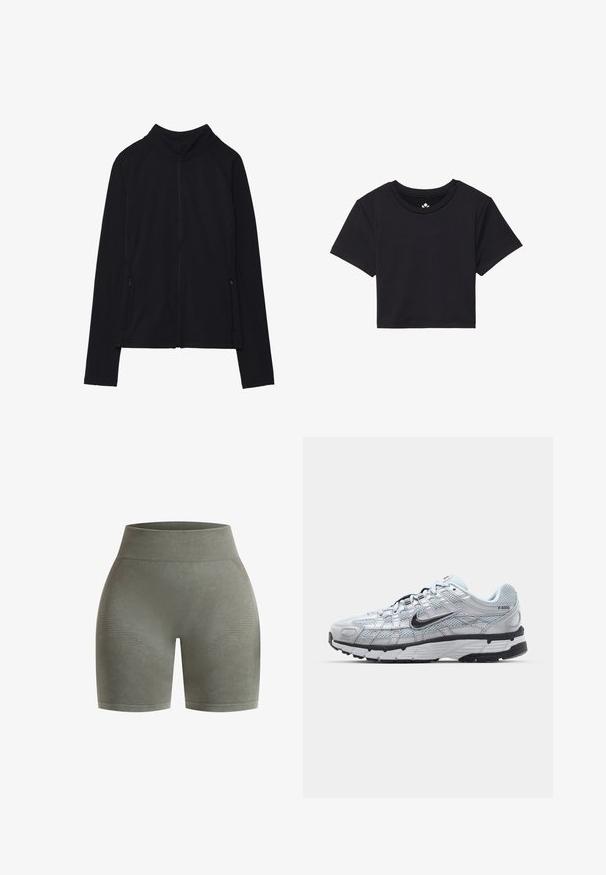 Giacca nera con zip e colletto alto, realizzata in tessuto morbido. Presenta maniche raglan e due tasche laterali con zip. Texture liscia.; T-shirt nera cropped con maniche corte, scollo rotondo, realizzata in tessuto liscio. Design minimalista senza motivi o accenti visibili.; Shorts sportivi a vita alta di colore verde oliva, realizzati in un tessuto morbido, con accenti testurizzati e un design aderente per il comfort.; Sneakers Nike P-6000 con una toma superiore in mesh grigio chiaro, accenti neri e una resistente suola in gomma nera. Dotati di un design intricato e di un sistema di allacciatura.