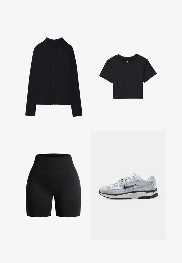 Musta vetoketjullinen takki korkealla kauluksella, valmistettu pehmeästä kankaasta. Varustettu raglan-hihoilla ja kahdella vetoketjullisella sivutaskulla. Sileä pinta.; Musta lyhythihainen croppitoppi, jossa on pyöreä kaula-aukko ja sileä kangas. Minimalistinen muotoilu, ilman näkyviä kuvioita tai koristuksia.; Mustat korkea vyötäröiset shortsit joustavasta kankaasta. Ominaisuuksia ovat sileä pinta ja hienovaraiset viivakuviot sivuilla. Ei näkyvää metalliosaa.; Nike P-6000 tennarit, joissa on vaaleanharmaa verkkomateriaali, mustia yksityiskohtia ja kestävä musta kumipohja. Ominaisuuksia ovat monimutkainen muotoilu ja nauhoitusjärjestelmä.