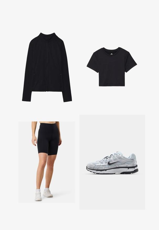 Giacca nera con zip e colletto alto, realizzata in tessuto morbido. Presenta maniche raglan e due tasche laterali con zip. Texture liscia.; T-shirt nera cropped con maniche corte, scollo rotondo, realizzata in tessuto liscio. Design minimalista senza motivi o accenti visibili.; Shorts da bicicletta neri a vita alta, realizzati in materiale elasticizzato con una superficie liscia, caratterizzati da un design aderente e lunghezza a metà coscia.; Sneakers Nike P-6000 con una toma superiore in mesh grigio chiaro, accenti neri e una resistente suola in gomma nera. Dotati di un design intricato e di un sistema di allacciatura.
