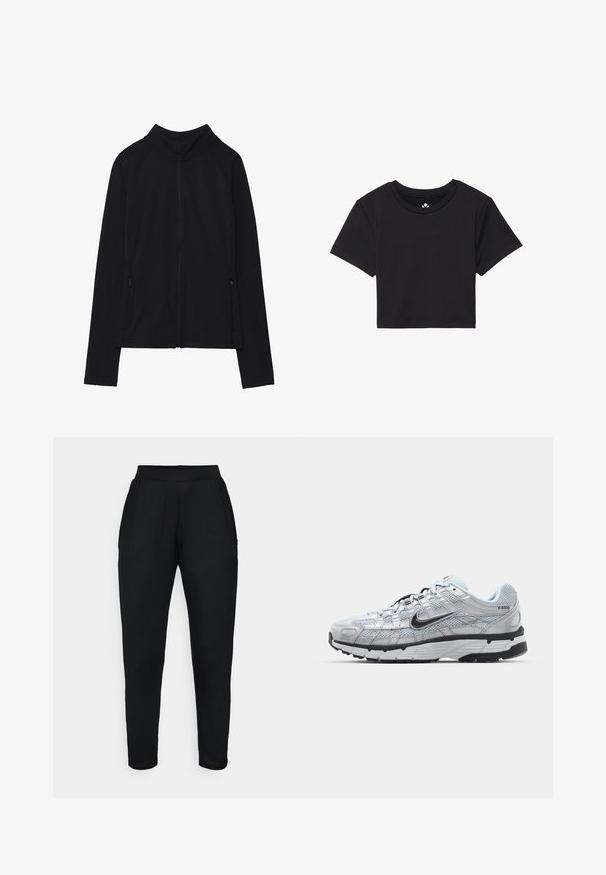Zwarte zip-up jas met een hoge kraag, gemaakt van zacht materiaal. Voorzien van raglanmouwen en twee ritssluitingen aan de zijkant. Glad textuur.; Zwarte cropped t-shirt met korte mouwen, ronde halslijn, gemaakt van gladde stof. Minimalistisch ontwerp zonder zichtbare patronen of accenten.; Zwarte tapered broek met een elastische tailleband, voorzien van zijzakken en een gladde, zachte textuur. Geschikt voor casual of actieve kleding.; Nike P-6000 sneakers met een lichtgrijze mesh bovenkant, zwarte accenten en een duurzame zwarte rubberen zool. Kenmerkt zich door een ingewikkeld ontwerp en vetersysteem.