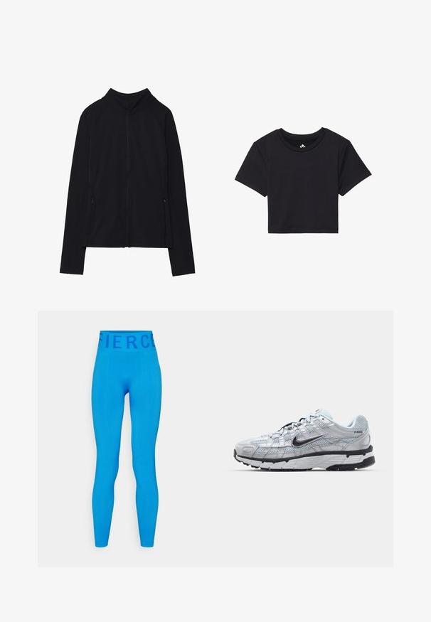 Černá bundě na zip s vysokým límcem, vyrobená z měkké látky. Má raglánové rukávy a dvě boční kapsy na zip. Hladká textura.; Černé zkrácené tričko s krátkými rukávy, kulatým výstřihem, vyrobené z hladkého materiálu. Minimalistický design bez viditelných vzorů nebo akcentů.; Even&Odd active Punčochy - blue; Tenisky Nike P-6000 s lehkou šedou síťovinou, černými akcenty a odolnou černou gumovou podrážkou. Vyznačují se složitým designem a systémem šněrování.