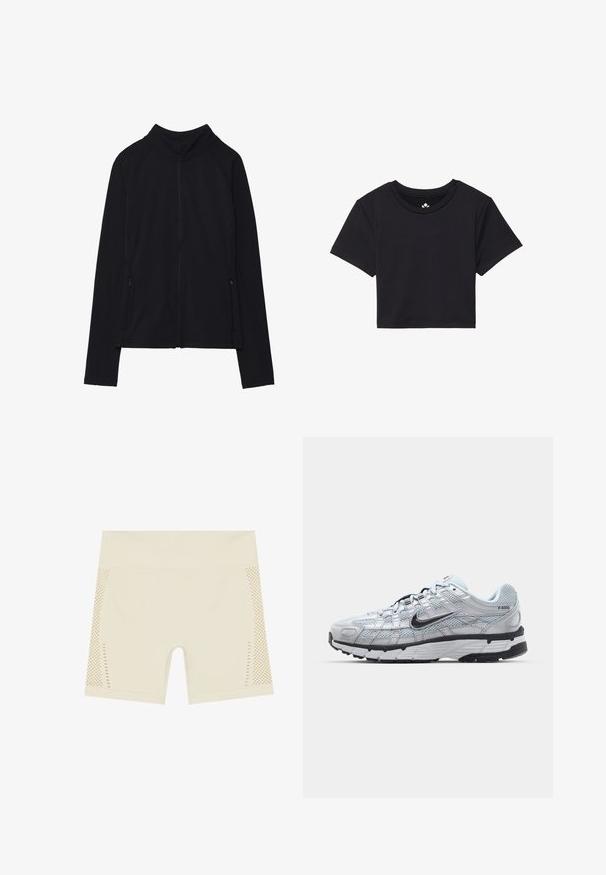 Musta vetoketjullinen takki korkealla kauluksella, valmistettu pehmeästä kankaasta. Varustettu raglan-hihoilla ja kahdella vetoketjullisella sivutaskulla. Sileä pinta.; Musta lyhythihainen croppitoppi, jossa on pyöreä kaula-aukko ja sileä kangas. Minimalistinen muotoilu, ilman näkyviä kuvioita tai koristuksia.; Korkeavyötäröiset pyöräilyshortsit vaaleassa beigeessä. Valmistettu sileästä kankaasta, jossa on verkko-osat sivuilla pienillä leikkauksilla hengittävyyden parantamiseksi.; Nike P-6000 tennarit, joissa on vaaleanharmaa verkkomateriaali, mustia yksityiskohtia ja kestävä musta kumipohja. Ominaisuuksia ovat monimutkainen muotoilu ja nauhoitusjärjestelmä.