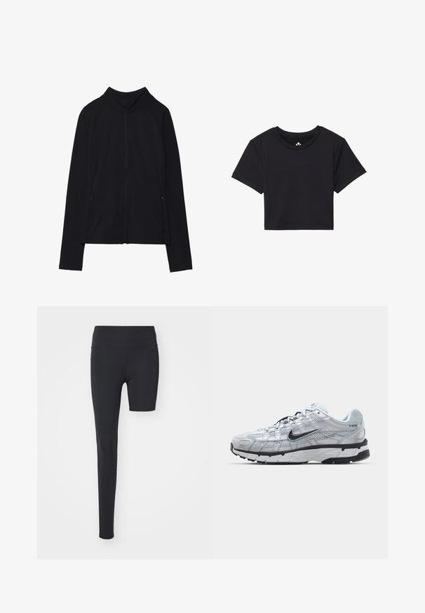 Giacca nera con zip e colletto alto, realizzata in tessuto morbido. Presenta maniche raglan e due tasche laterali con zip. Texture liscia.; T-shirt nera cropped con maniche corte, scollo rotondo, realizzata in tessuto liscio. Design minimalista senza motivi o accenti visibili.; Leggings neri con vita alta, caratterizzati da un design a gamba unica; realizzati in un tessuto liscio ed elasticizzato adatto all'abbigliamento sportivo.; Sneakers Nike P-6000 con una toma superiore in mesh grigio chiaro, accenti neri e una resistente suola in gomma nera. Dotati di un design intricato e di un sistema di allacciatura.