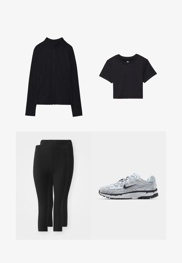 Black zip-up jacket with a high collar, made of soft fabric. Features raglan sleeves and two zippered side pockets. Smooth texture.; Black cropped t-shirt with short sleeves, round neckline, made of smooth fabric. Minimalist design with no visible patterns or accents.; Black leggings with an elastic waistband, featuring a smooth texture, mid-calf length, and no visible patterns or embellishments.; Nike P-6000 sneakers with a light grey mesh upper, black accents, and a durable black rubber sole. Features intricate design and lacing system.