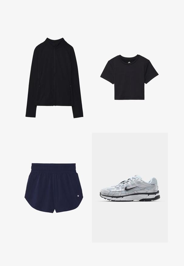 Mustmust kollane jope, millel on kõrge kaelus, valmistatud pehmest kangast. Omab raglanvarukke ja kahte lukuga küljetaskut. Sile tekstuur.; Must must t-särk lühikeste varrukatega, ümmarguse kaelusega, valmistatud siledast kangast. Minimalistlik disain ilma nähtavate mustrite või aktsentideta.; Tumesinised sportlikud lühikesed püksid elastse vöökoha, kahe külje tasku ja väikese logodetailiga paremal alajaos. Sile kangatextuur.; Nike P-6000 tenniset heleda halli võrgust pealteega, mustade aktsentidega ja vastupidava musta kummist tallaga. Omab keerukat disaini ja paeltesüsteemi.