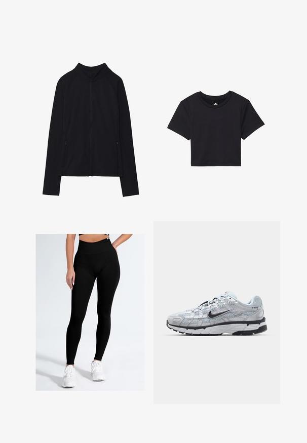Czarna kurtka zapinana na zamek z wysokim kołnierzem, wykonana z miękkiego materiału. Posiada rękawy raglanowe oraz dwie kieszenie boczne zapinane na zamek. Gładka tekstura.; Czarna krótka koszulka z krótkimi rękawami, okrągłym dekoltem, wykonana z gładkiego materiału. Minimalistyczny design bez widocznych wzorów czy akcentów.; Czarne legginsy z wysokim stanem, wykonane z gładkiego, elastycznego materiału. Projekt charakteryzuje się dopasowanym krojem i brakiem widocznych wzorów lub akcentów.; Nike P-6000 sneakers z jasnoszarym siateczkowym wierzchem, czarnymi akcentami i trwałą czarną gumową podeszwą. Charakteryzują się skomplikowanym wzornictwem i systemem sznurowania.