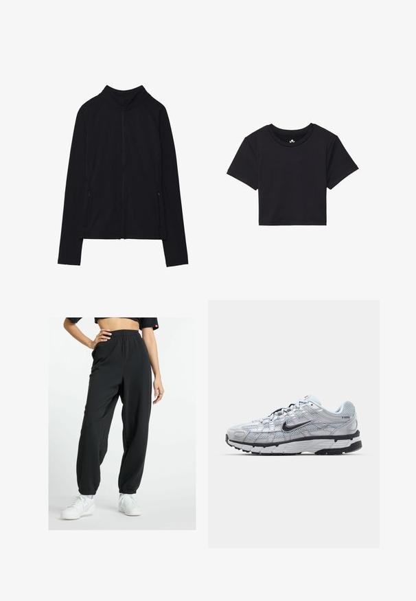 Schwarze Zip-Jacke mit hohem Kragen, aus weichem Stoff gefertigt. Verfügt über Raglanärmel und zwei seitliche Reißverschlusstaschen. Glatte Textur.; Schwarzes, kurzes T-Shirt mit kurzen Ärmeln, rundem Ausschnitt, aus glattem Stoff. Minimalistisches Design ohne sichtbare Muster oder Akzente.; New Balance ESSENTIALS FRENCH JOGGER - Jogginghose - black; Nike P-6000 Sneakers mit einem Obermaterial aus leichtem grauem Mesh, schwarzen Akzenten und einer langlebigen schwarzen Gummisohle. Verfügt über ein komplexes Design und ein Schnürsystem.