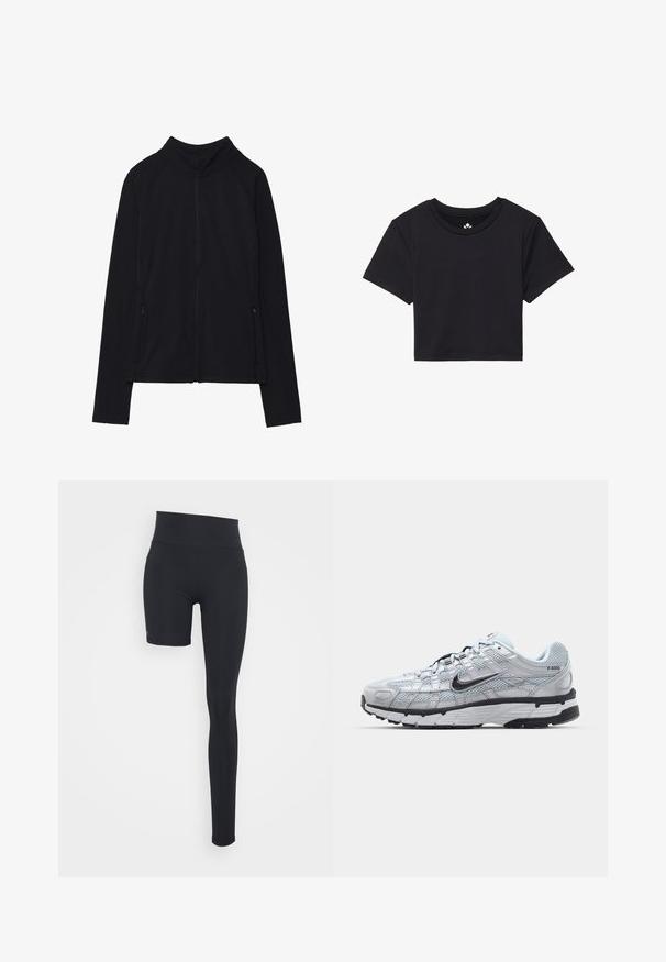 Fekete, cipzáros dzseki magas gallérral, puha anyagból készült. Raglán ujjakkal és két cipzáras oldalzsebbel rendelkezik. Simább textúra.; Fekete, rövid ujjú, cropped póló, kerek nyakkivágással, sima anyagból készült. Minimalista dizájn, látható minták vagy díszítések nélkül.; Even&Odd active ADAPTIVE LEGGINGS - Leggingek - black/short right leg; Nike P-6000 sportcipő, világosszürke hálós felsőrésszel, fekete részletekkel és tartós fekete gumitalppal. Bonyolult dizájnnal és fűzőrendszerrel rendelkezik.