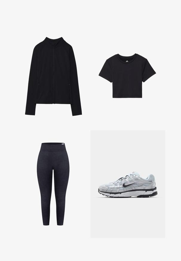 Giacca nera con zip e colletto alto, realizzata in tessuto morbido. Presenta maniche raglan e due tasche laterali con zip. Texture liscia.; T-shirt nera cropped con maniche corte, scollo rotondo, realizzata in tessuto liscio. Design minimalista senza motivi o accenti visibili.; Leggings neri a vita alta realizzati in un tessuto testurizzato con una finitura liscia, caratterizzati da una ampia cintura elastica e lati senza cuciture.; Sneakers Nike P-6000 con una toma superiore in mesh grigio chiaro, accenti neri e una resistente suola in gomma nera. Dotati di un design intricato e di un sistema di allacciatura.