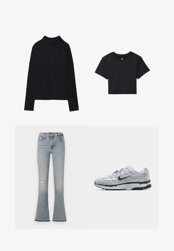Sort zip-up jakke med høj krave, lavet af blødt stof. Den har raglanærmer og to lynlåslommer på siden. Glat tekstur.; Sort cropped t-shirt med korte ærmer, rund halsudskæring, lavet af glat stof. Minimalistisk design uden synlige mønstre eller accenter.; Lyseblå afslappede jeans med et slidt knæ, fem lommer og en frynset kant. Lavet af denimstof med en mellem høj talje.; Nike P-6000 sneakers med en lys grå mesh overdel, sorte accenter og en holdbar sort gummisål. Har et detaljeret design og snøresystem.