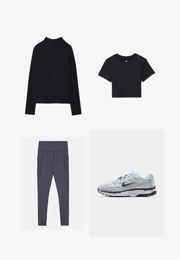 Črna zip-up jakna z visokim ovratnikom, narejena iz mehkega materiala. Ima raglan rokave in dve žepni zadrgi na straneh. Gladka tekstura.; Črna kratka majica s kratkimi rokavi, okroglim izrezom, izdelana iz gladkega blaga. Minimalističen dizajn brez vidnih vzorcev ali dodatkov.; Temno sivi legice z visokim pasom, opremljene z stranskimi žepi in teksturiranimi šivi. Narejene so iz raztegljivega, zračnega materiala.; Nike P-6000 športni copati z lahkim sivim mrežastim zgornjim delom, črnimi dodatki in trdim črnim gumijastim podplatom. Imajo zapleten dizajn in sistem vezalk.