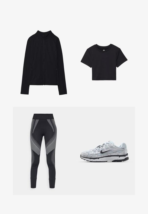 Giacca nera con zip e colletto alto, realizzata in tessuto morbido. Presenta maniche raglan e due tasche laterali con zip. Texture liscia.; T-shirt nera cropped con maniche corte, scollo rotondo, realizzata in tessuto liscio. Design minimalista senza motivi o accenti visibili.; Leggings neri con una cintura ampia, con motivi e dettagli metallici argento, tra cui linee e punti, lungo i lati.; Sneakers Nike P-6000 con una toma superiore in mesh grigio chiaro, accenti neri e una resistente suola in gomma nera. Dotati di un design intricato e di un sistema di allacciatura.