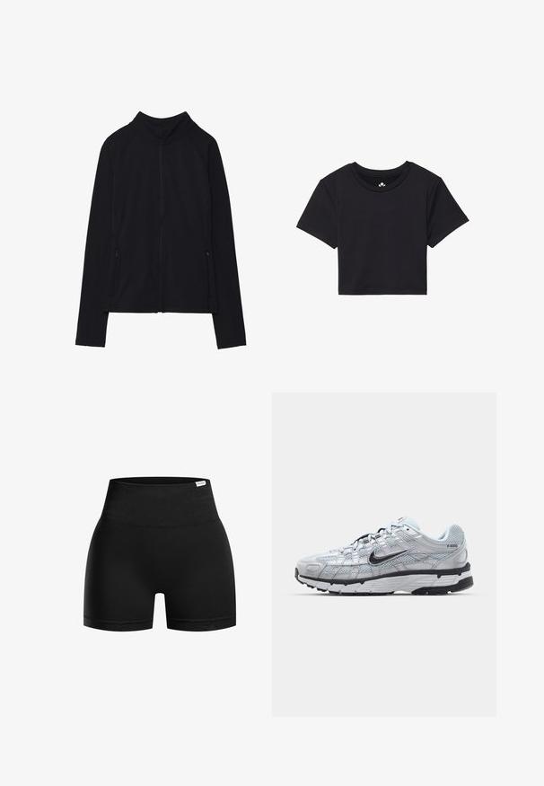 Giacca nera con zip e colletto alto, realizzata in tessuto morbido. Presenta maniche raglan e due tasche laterali con zip. Texture liscia.; T-shirt nera cropped con maniche corte, scollo rotondo, realizzata in tessuto liscio. Design minimalista senza motivi o accenti visibili.; Pantaloni corti neri a vita alta realizzati in materiale liscio ed elasticizzato, con una fascia in vita ampia e una gamba corta, caratterizzati da una leggera lucentezza.; Sneakers Nike P-6000 con una toma superiore in mesh grigio chiaro, accenti neri e una resistente suola in gomma nera. Dotati di un design intricato e di un sistema di allacciatura.