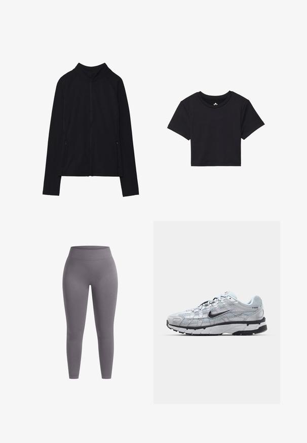Veste noire zippée avec un col montant, fabriquée en tissu doux. Dotée de manches raglan et de deux poches latérales zippées. Texture lisse.; T-shirt noir cropped à manches courtes, col rond, fabriqué en tissu lisse. Design minimaliste sans motifs ni accents visibles.; Leggings gris avec une taille haute en élasthanne. Fabriqués en matériau lisse et extensible, présentant un design ajusté et une construction sans coutures.; Baskets Nike P-6000 avec une tige en mesh gris clair, des accents noirs et une semelle en caoutchouc noir durable. Présente un design complexe et un système de laçage.