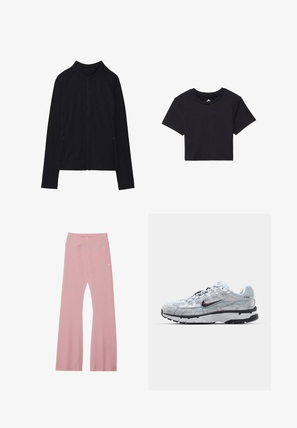 Zwarte zip-up jas met een hoge kraag, gemaakt van zacht materiaal. Voorzien van raglanmouwen en twee ritssluitingen aan de zijkant. Glad textuur.; Zwarte cropped t-shirt met korte mouwen, ronde halslijn, gemaakt van gladde stof. Minimalistisch ontwerp zonder zichtbare patronen of accenten.; Lichtroze geribde leggings met een brede tailleband, voorzien van een kruisontwerp en verstevigde stiksels langs de benen voor duurzaamheid.; Nike P-6000 sneakers met een lichtgrijze mesh bovenkant, zwarte accenten en een duurzame zwarte rubberen zool. Kenmerkt zich door een ingewikkeld ontwerp en vetersysteem.