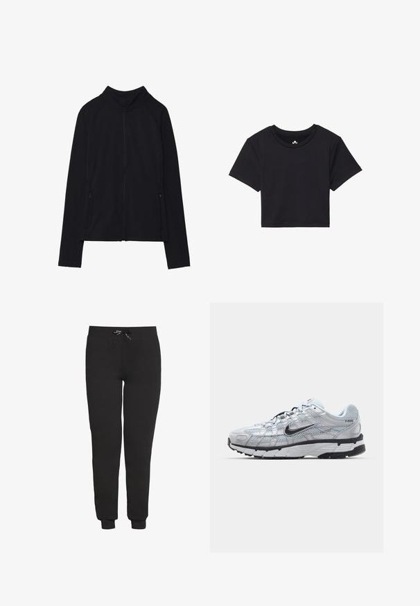 Black zip-up jacket with a high collar, made of soft fabric. Features raglan sleeves and two zippered side pockets. Smooth texture.; Black cropped t-shirt with short sleeves, round neckline, made of smooth fabric. Minimalist design with no visible patterns or accents.; Black sweatpants made of cotton blend, featuring an adjustable drawstring waistband and ribbed cuffs. Simple design with no patterns.; Nike P-6000 sneakers with a light grey mesh upper, black accents, and a durable black rubber sole. Features intricate design and lacing system.