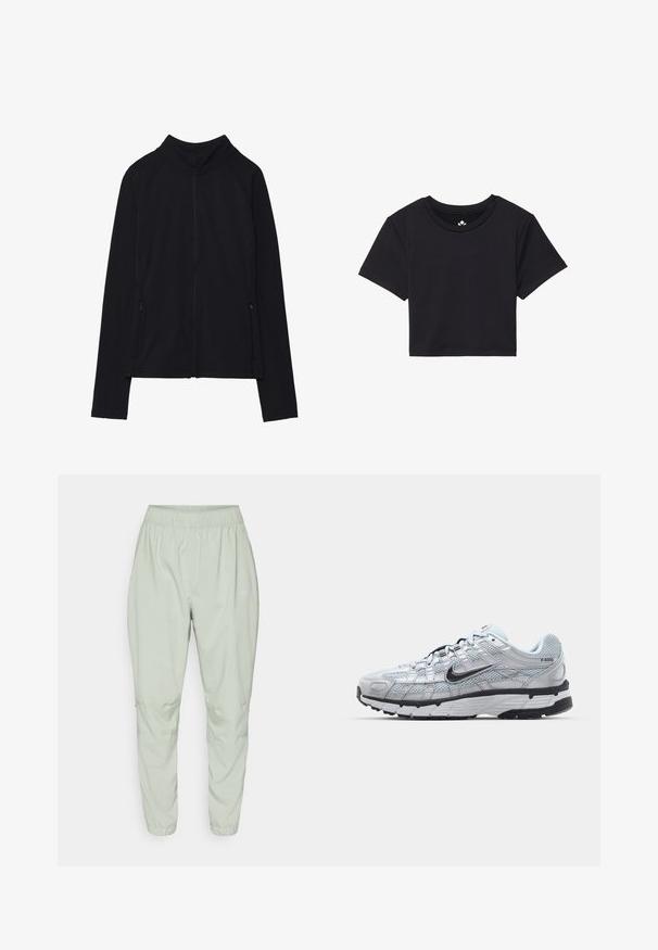 Zwarte zip-up jas met een hoge kraag, gemaakt van zacht materiaal. Voorzien van raglanmouwen en twee ritssluitingen aan de zijkant. Glad textuur.; Zwarte cropped t-shirt met korte mouwen, ronde halslijn, gemaakt van gladde stof. Minimalistisch ontwerp zonder zichtbare patronen of accenten.; Nike Performance DRI-FIT FAST - Trainingsbroek - jade horizon; Nike P-6000 sneakers met een lichtgrijze mesh bovenkant, zwarte accenten en een duurzame zwarte rubberen zool. Kenmerkt zich door een ingewikkeld ontwerp en vetersysteem.