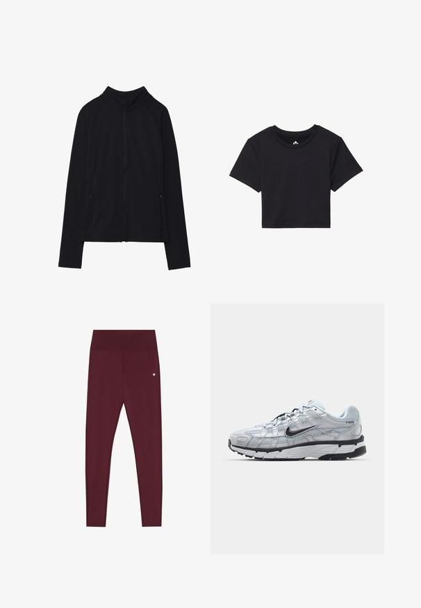 Zwarte zip-up jas met een hoge kraag, gemaakt van zacht materiaal. Voorzien van raglanmouwen en twee ritssluitingen aan de zijkant. Glad textuur.; Zwarte cropped t-shirt met korte mouwen, ronde halslijn, gemaakt van gladde stof. Minimalistisch ontwerp zonder zichtbare patronen of accenten.; Bordeaux leggings gemaakt van rekbaar materiaal met een brede tailleband, voorzien van een klein logo-detail aan de voorkant. Glad, aansluitend ontwerp.; Nike P-6000 sneakers met een lichtgrijze mesh bovenkant, zwarte accenten en een duurzame zwarte rubberen zool. Kenmerkt zich door een ingewikkeld ontwerp en vetersysteem.