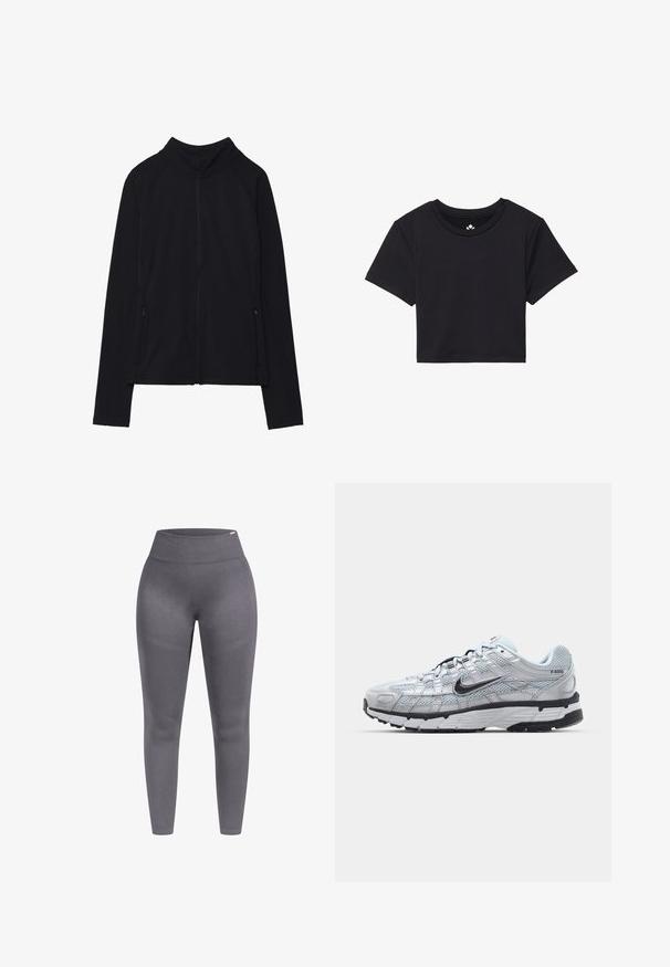 Giacca nera con zip e colletto alto, realizzata in tessuto morbido. Presenta maniche raglan e due tasche laterali con zip. Texture liscia.; T-shirt nera cropped con maniche corte, scollo rotondo, realizzata in tessuto liscio. Design minimalista senza motivi o accenti visibili.; Leggings grigi con un'alta vita, realizzati in tessuto testurizzato con una vestibilità aderente. Presentano cuciture lisce e un design a gamba affusolata.; Sneakers Nike P-6000 con una toma superiore in mesh grigio chiaro, accenti neri e una resistente suola in gomma nera. Dotati di un design intricato e di un sistema di allacciatura.