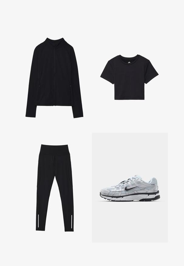 Fekete, cipzáros dzseki magas gallérral, puha anyagból készült. Raglán ujjakkal és két cipzáras oldalzsebbel rendelkezik. Simább textúra.; Fekete, rövid ujjú, cropped póló, kerek nyakkivágással, sima anyagból készült. Minimalista dizájn, látható minták vagy díszítések nélkül.; Fekete leggings rugalmas anyagból, magas derékkal, oldalsó varrásokkal és fényvisszaverő részletekkel a bokánál a láthatóság érdekében.; Nike P-6000 sportcipő, világosszürke hálós felsőrésszel, fekete részletekkel és tartós fekete gumitalppal. Bonyolult dizájnnal és fűzőrendszerrel rendelkezik.