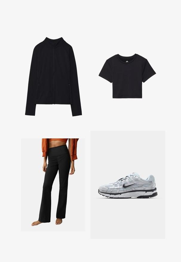 Sort zip-up jakke med høj krave, lavet af blødt stof. Den har raglanærmer og to lynlåslommer på siden. Glat tekstur.; Sort cropped t-shirt med korte ærmer, rund halsudskæring, lavet af glat stof. Minimalistisk design uden synlige mønstre eller accenter.; Sorte ribbede flared bukser med høj talje, der har en glat tekstur og et enkelt design. Der er fine detaljer som en let flare ved kanten.; Nike P-6000 sneakers med en lys grå mesh overdel, sorte accenter og en holdbar sort gummisål. Har et detaljeret design og snøresystem.