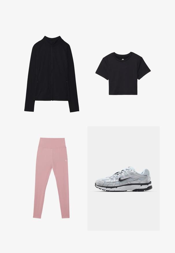 Jachetă neagră cu fermoar, cu guler înalt, fabricată dintr-un material moale. Prezintă mâneci raglan și două buzunare laterale cu fermoar. Textură netedă.; Tricou scurt negru cu mâneci scurte, decolteu rotund, realizat dintr-un material fin. Design minimalist, fără modele sau accente vizibile.; Leggings roz, cu talie înaltă, fabricate dintr-un material elastic, cu o textură netedă și un mic detaliu cu logo la talie.; Tenisii Nike P-6000 cu un upper din plasă gri deschis, accente negre și o talpă din cauciuc negru durabilă. Caracterizează un design complex și un sistem de șireturi sofisticat.