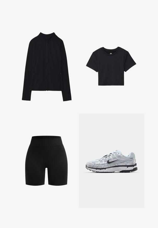 Giacca nera con zip e colletto alto, realizzata in tessuto morbido. Presenta maniche raglan e due tasche laterali con zip. Texture liscia.; T-shirt nera cropped con maniche corte, scollo rotondo, realizzata in tessuto liscio. Design minimalista senza motivi o accenti visibili.; Pantaloni sportivi neri realizzati in tessuto elasticizzato, con una cintura larga a coste e una texture liscia, tagliati fino a metà coscia.; Sneakers Nike P-6000 con una toma superiore in mesh grigio chiaro, accenti neri e una resistente suola in gomma nera. Dotati di un design intricato e di un sistema di allacciatura.
