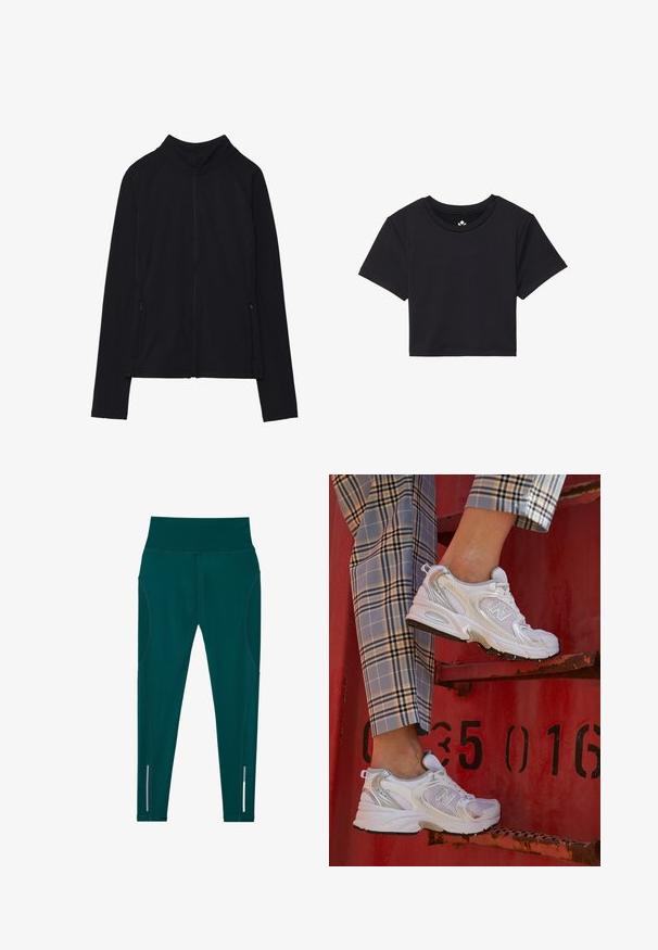 Zwarte zip-up jas met een hoge kraag, gemaakt van zacht materiaal. Voorzien van raglanmouwen en twee ritssluitingen aan de zijkant. Glad textuur.; Zwarte cropped t-shirt met korte mouwen, ronde halslijn, gemaakt van gladde stof. Minimalistisch ontwerp zonder zichtbare patronen of accenten.; Cyaan leggings met een hoge tailleband, gemaakt van een gladde, rekbare stof. Bevat reflecterende accenten en gebogen naaddetails.; Witte mesh sneakers met zilveren accenten en een gestructureerde zool, gepositioneerd op een rode ondergrond, gecombineerd met gestreepte broek.