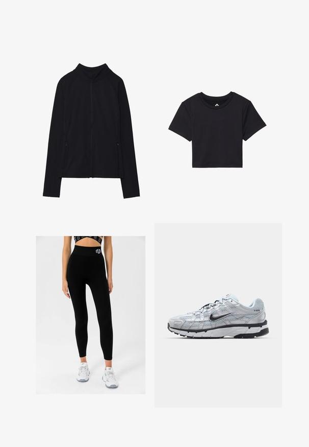 Chaqueta negra con cremallera y cuello alto, hecha de un tejido suave. Presenta mangas raglán y dos bolsillos laterales con cremallera. Textura suave.; Camiseta corta negra con mangas cortas, escote redondo, hecha de una tela suave. Diseño minimalista sin patrones o acentos visibles.; Leggings negras acanaladas con una cintura alta y un logotipo, combinados con zapatillas blancas, que muestran un diseño ajustado y una textura suave.; Zapatillas Nike P-6000 con parte superior de malla gris claro, acentos negros y suela de goma negra duradera. Presentan un diseño intrincado y un sistema de cordones.