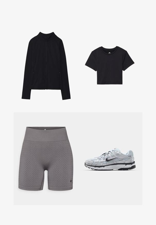 Czarna kurtka zapinana na zamek z wysokim kołnierzem, wykonana z miękkiego materiału. Posiada rękawy raglanowe oraz dwie kieszenie boczne zapinane na zamek. Gładka tekstura.; Czarna krótka koszulka z krótkimi rękawami, okrągłym dekoltem, wykonana z gładkiego materiału. Minimalistyczny design bez widocznych wzorów czy akcentów.; Szare sportowe spodenki z teksturowanego materiału, wyposażone w szeroki elastyczny pas i subtelne logo na dolnej lewej stronie. Tkanina ma wzorzysty design.; Nike P-6000 sneakers z jasnoszarym siateczkowym wierzchem, czarnymi akcentami i trwałą czarną gumową podeszwą. Charakteryzują się skomplikowanym wzornictwem i systemem sznurowania.