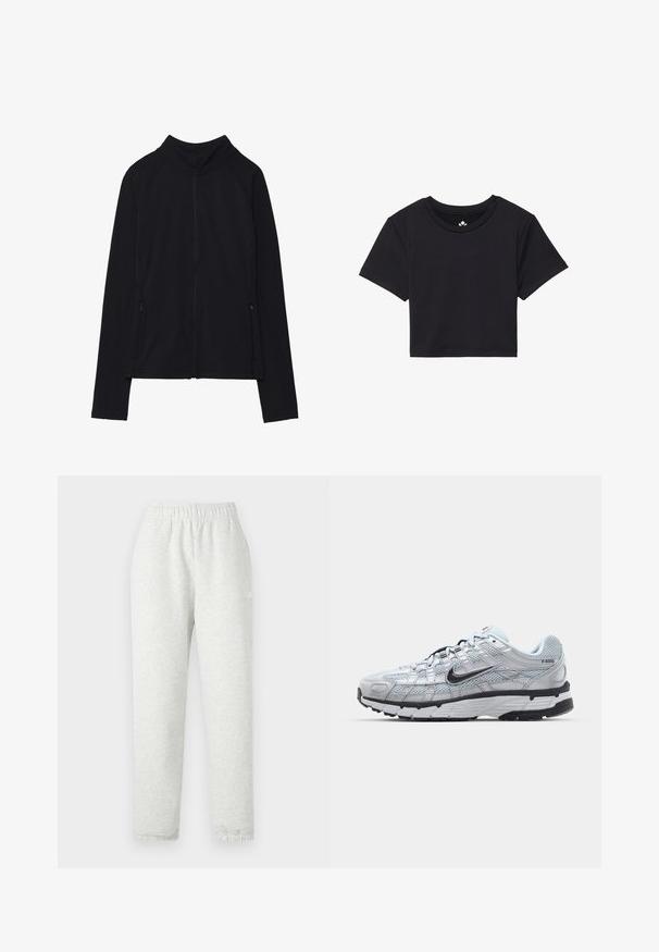 Giacca nera con zip e colletto alto, realizzata in tessuto morbido. Presenta maniche raglan e due tasche laterali con zip. Texture liscia.; T-shirt nera cropped con maniche corte, scollo rotondo, realizzata in tessuto liscio. Design minimalista senza motivi o accenti visibili.; Pantaloni della tuta grigio chiaro con vita elasticizzata, gambe affusolate e polsini a coste. Realizzati in un morbido tessuto testurizzato. Dettaglio del logo bianco sul lato.; Sneakers Nike P-6000 con una toma superiore in mesh grigio chiaro, accenti neri e una resistente suola in gomma nera. Dotati di un design intricato e di un sistema di allacciatura.